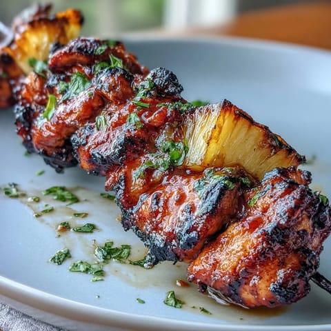 Juicy grilled chicken al pastor skewers with caramelized pineapple, ready to eat.