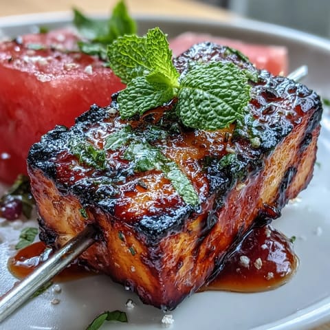 Grilled halloumi skewers with watermelon and mint, a colorful summer appetizer.