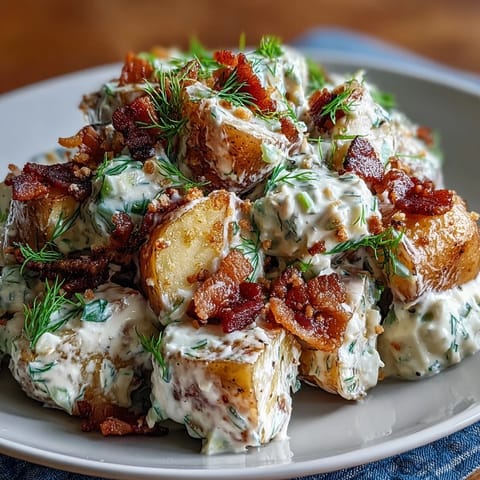Memorial Day Potato Salad with Dill and Bacon, topped generously with crispy bacon bits.