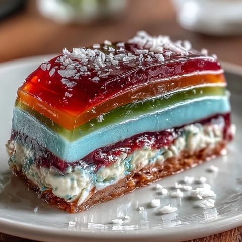 Vibrant rainbow jelly cake with creamy coconut cream, a dazzling dairy-free dessert.