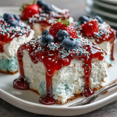 Red White Blue Poke Cake showcases vibrant colors, perfect for festive summer gatherings.