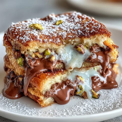 Golden brown Dubai Chocolate Pistachio Croissant French Toast, oozing melted chocolate, served warm.