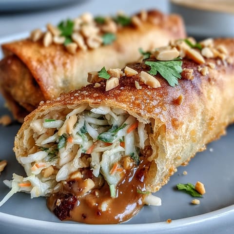 Crunchy spring rolls bursting with cabbage, carrots, and bean sprouts, paired with a rich, spicy peanut sauce for dipping.  