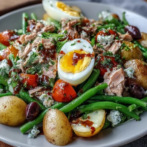 Vibrant Spring Niçoise Salad with tuna, green beans, and soft-boiled eggs on a bed of mixed greens, drizzled with zesty Dijon vinaigrette.  