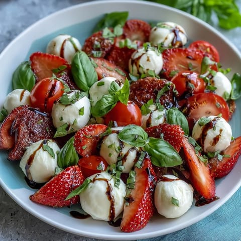Vibrant summer strawberry Caprese salad with balsamic glaze, a refreshing favorite.