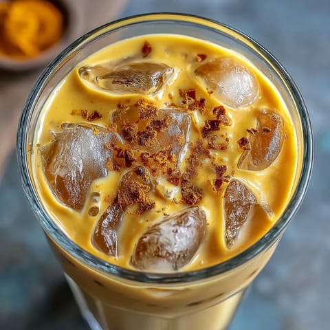 Refreshingly chilled Turmeric Golden Milk Iced Latte with warming spices and a smooth finish.