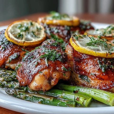 Golden roasted One-Pan Lemon Herb Chicken and Asparagus, bursting with citrusy zest.