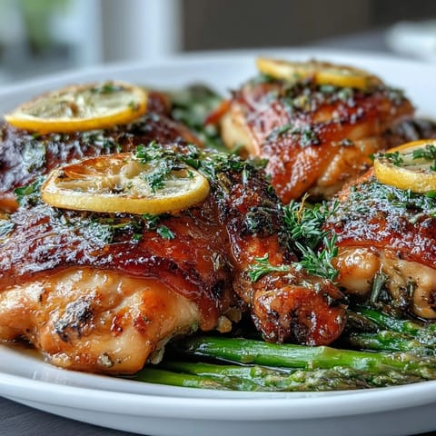 Juicy chicken and tender asparagus brightened by fresh lemon herb flavors, baked together.