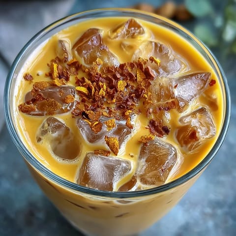 Vibrant Turmeric Golden Milk Iced Latte, a cool, spiced creamy delight served over ice.
