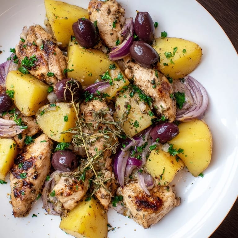 Sheet pan of Greek Lemon Chicken and Potatoes: aromatic, with herbs coating the perfectly cooked chicken.