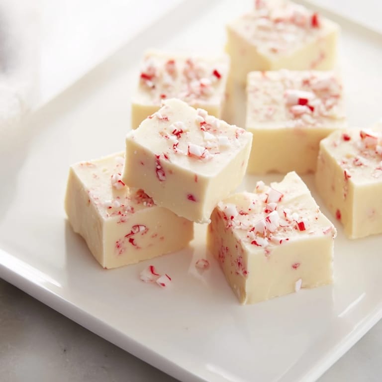 A close-up of glistening, chilled 5-Minute No-Bake White Chocolate Peppermint Fudge, perfect for holiday sweets.