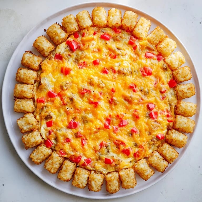 A beautiful close-up of a steaming Tater Tot Frittata, with melted cheese and colorful bell peppers visible.
