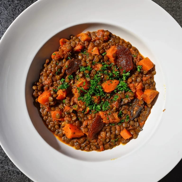Savory Abuela's Secret Lentil Stew with Prunes bubbling in a pot, ready to be served.