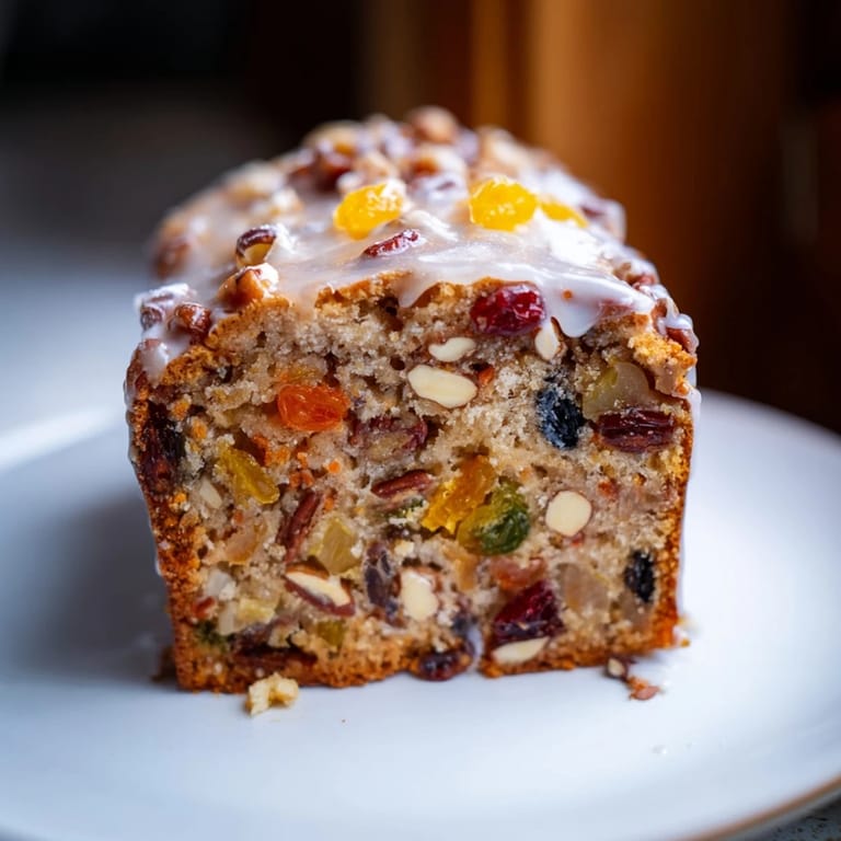 Warm, inviting fruit loaf cake, showcasing the Easy Glazed Christmas recipe, with glistening glaze and nuts.