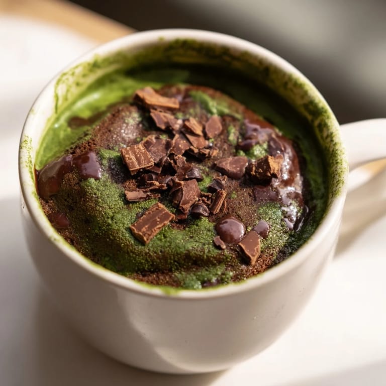 A close-up of a delightful Matcha Peppermint Brownie Batter Mug Cake, perfect for a quick and easy treat.