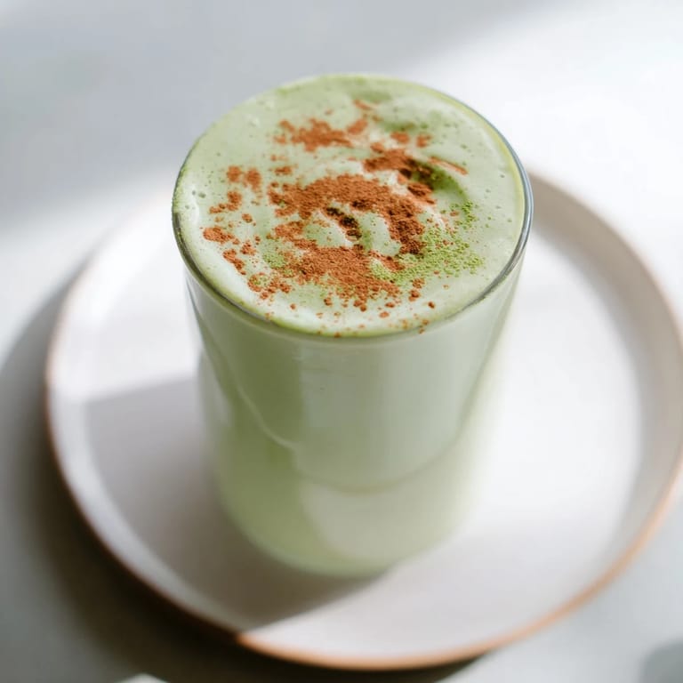 Thick Matcha Snickerdoodle Protein Shake, served in a tall glass, promises a quick and tasty breakfast.