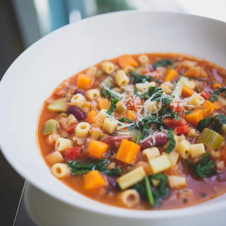 A hearty, savory serving of warm Veggie-Packed Minestrone Christmas Pasta Pot, perfect for a cold day.
