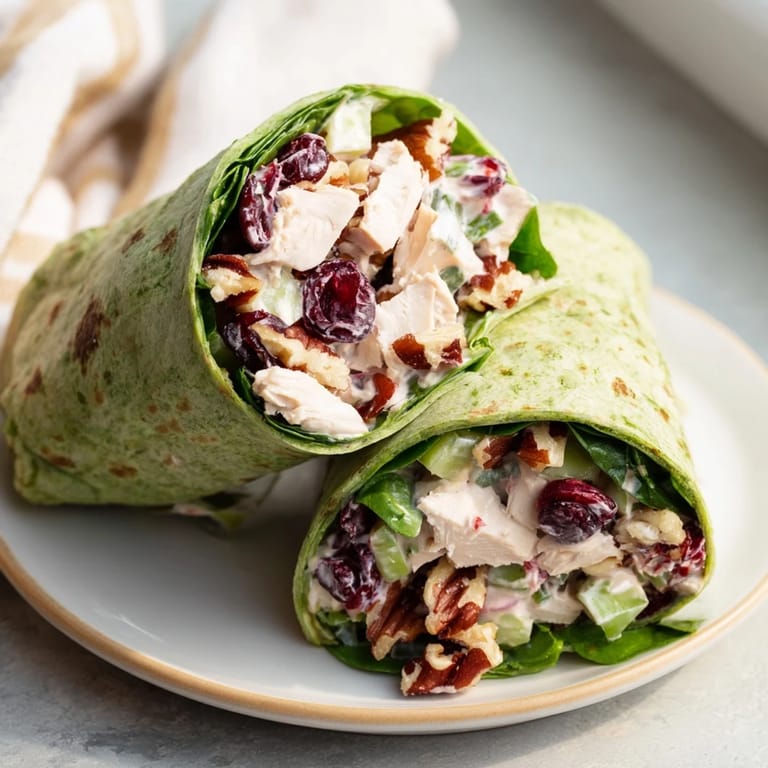 Freshly assembled Cranberry Pecan Chicken Salad Christmas Wraps, boasting visible pecans and a creamy filling, ready for lunch.