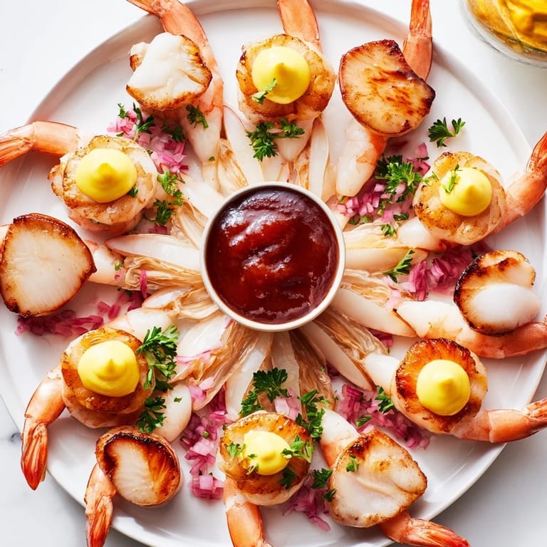 A delicious Starfish & Shell Appetizer Board, featuring vibrant seafood served with zesty dipping sauces.