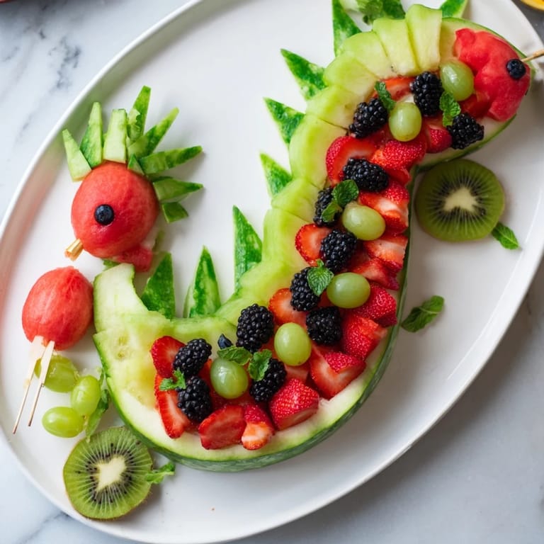 This eye-catching dragon-shaped fruit tray features vibrant and healthy fruit—a perfect party centerpiece!
