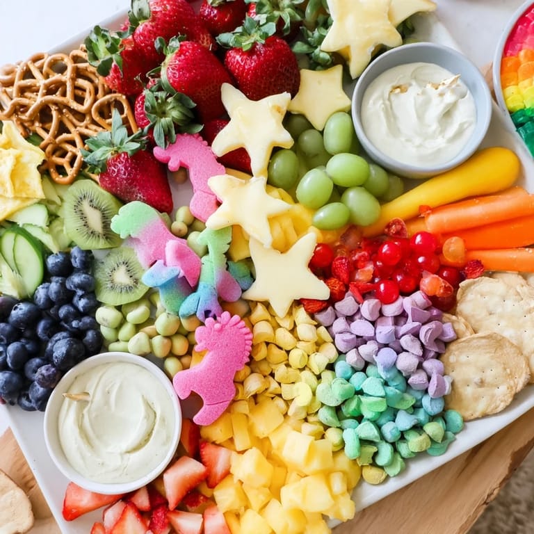 Colorful Unicorn Party Platter overflowing with strawberries, grapes, and sweet-and-savory finger foods.