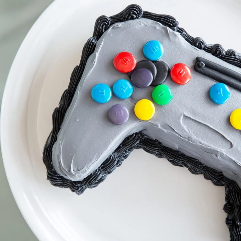 A close-up shot of the creatively decorated Pixel Perfect Video Game Controller Board cake.