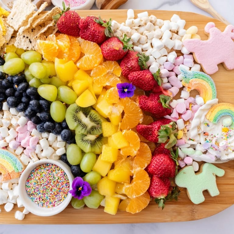 A stunning Magical Unicorn Rainbow Dessert Board offering a delightful mix of sweet, rainbow-colored treats for everyone.