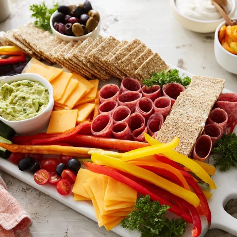Savory Rock Star Guitar Snack Platter: a party appetizer arranged with crackers, cheese, and fresh veggies.