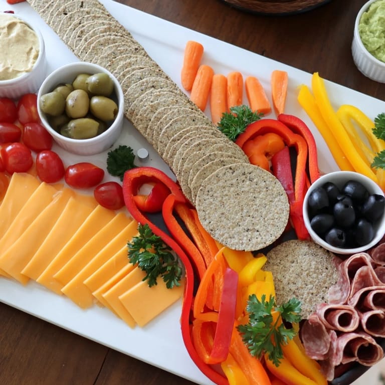This impressive Rock Star Guitar Snack Platter features colorful veggies, cheeses, and delicious dipping sauces.