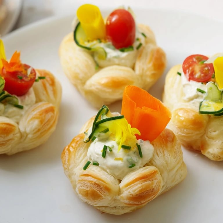 These flower-shaped Fairy Garden Flower Shaped Snacks showcase delightful veggie decorations atop golden, puffed pastry.