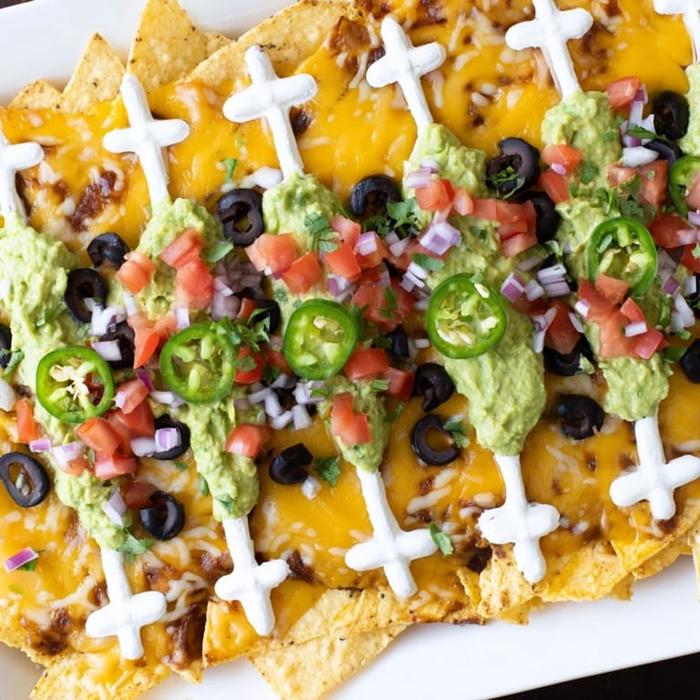 This loaded Football Field Nacho Platter features sizzling cheese, savory toppings, and fresh guacamole for serving.