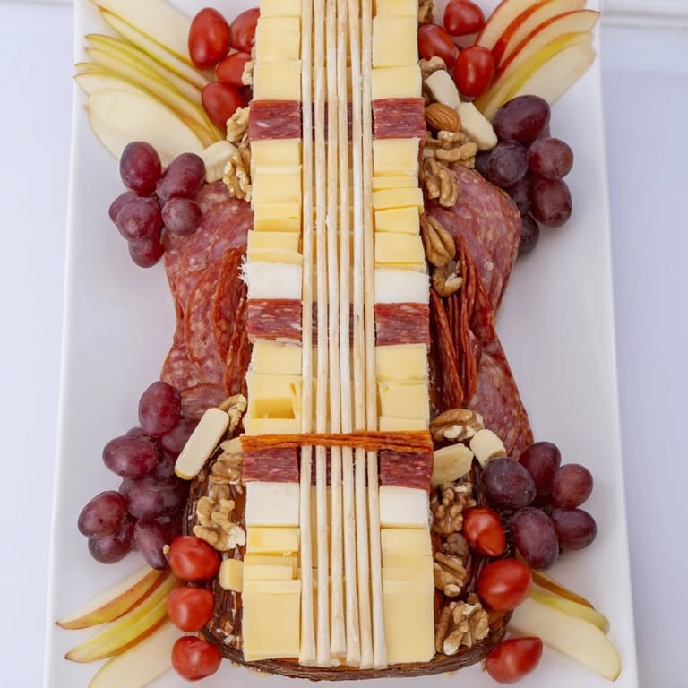 This creatively arranged Rock Star Guitar Platter is bursting with savory snacks and fresh fruits.