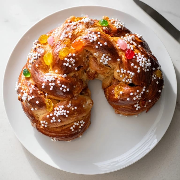 Delicious glistening, glazed Couronne de Roi Bijoux Sucrés, a stunning, celebratory sweet bread, ready to slice.