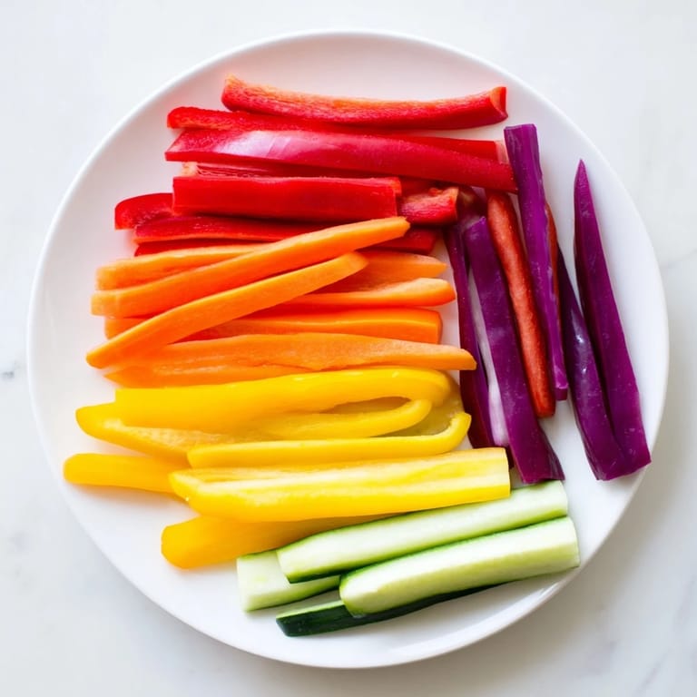A vibrant Rainbow Arch Veggie Sticks platter showcases crunchy bell peppers, cucumber, and carrots for snacking.