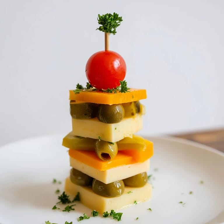 Bright and flavorful Festive Cube Cheese Stack, ready for serving on a platter with fresh parsley garnish.