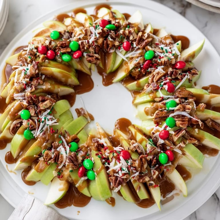 Delectable Caramel Apple Slice Christmas Wreath with gooey caramel, chocolate, and festive sprinkles for the holidays.