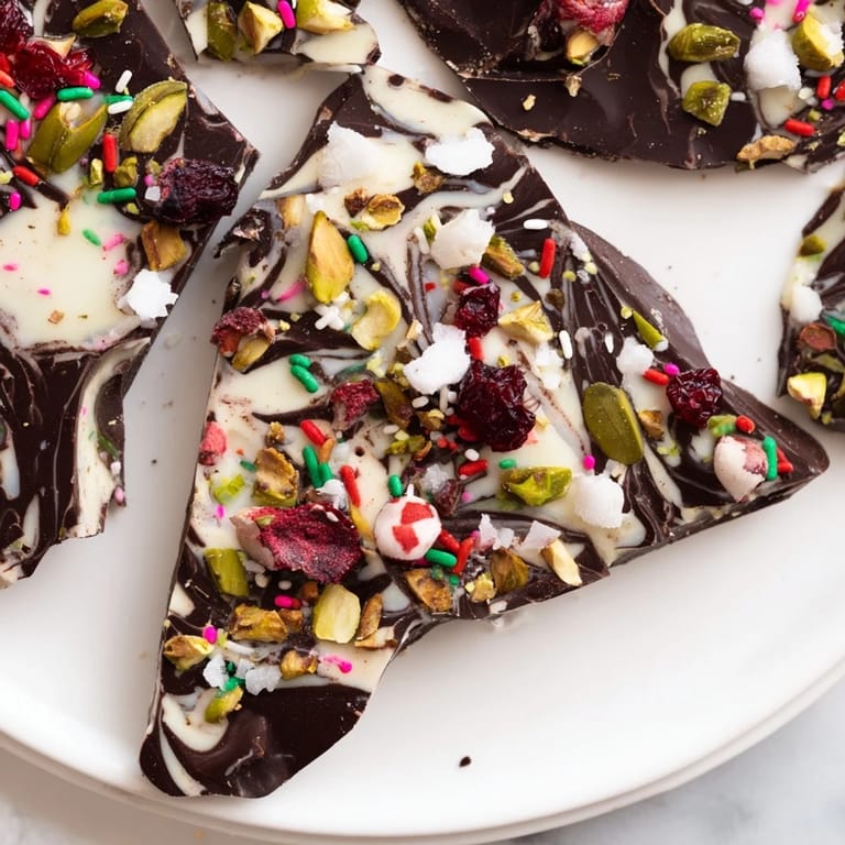 A close-up of delicious Holiday Bark, with vibrant red cranberries and bright green pistachios.