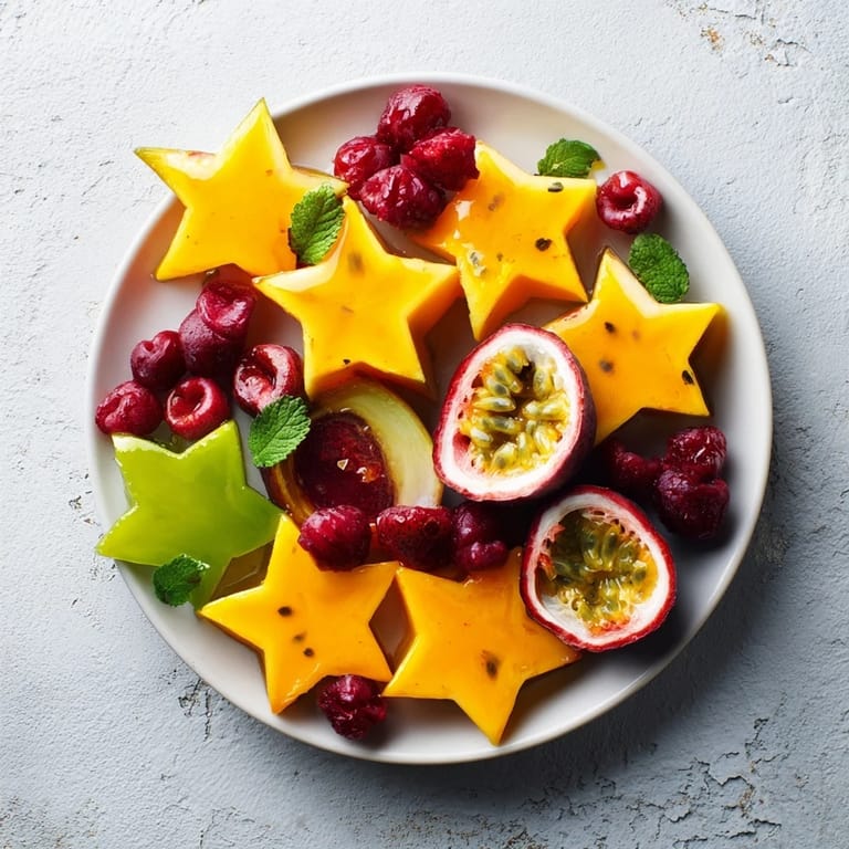 A close-up view of the refreshing starfruit and berry platter, glistening with optional lime juice.
