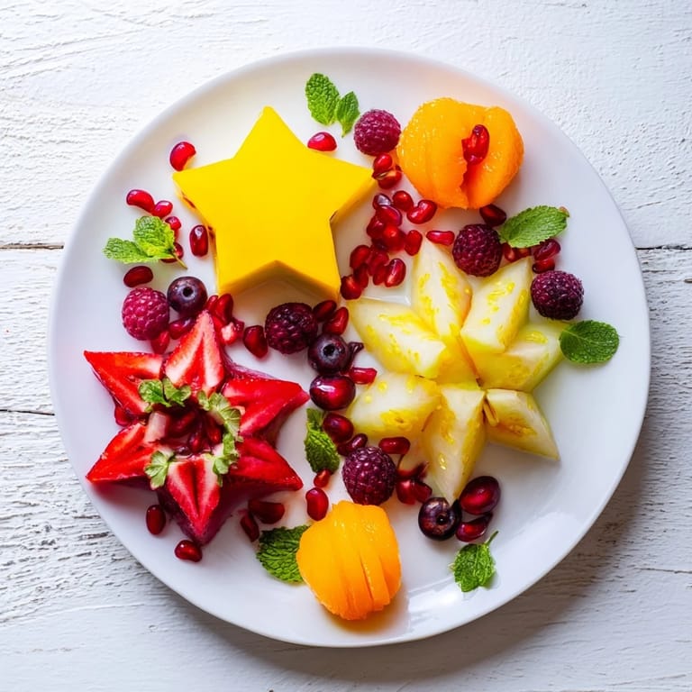 Brightly colored starfruit slices and mixed berries creating an appealing vegan platter, ready to serve and enjoy.