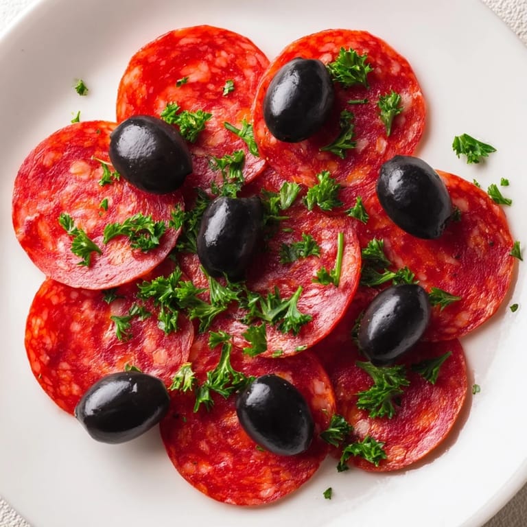 Perfectly arranged sliced pepperoni with halved olives, a visually appealing display for easy appetizer snacking.