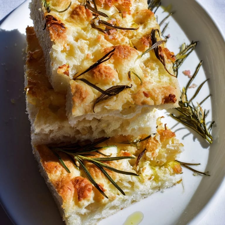 Warm Holiday Bread focaccia, crispy on the outside, soft inside, herbs glistening with olive oil.