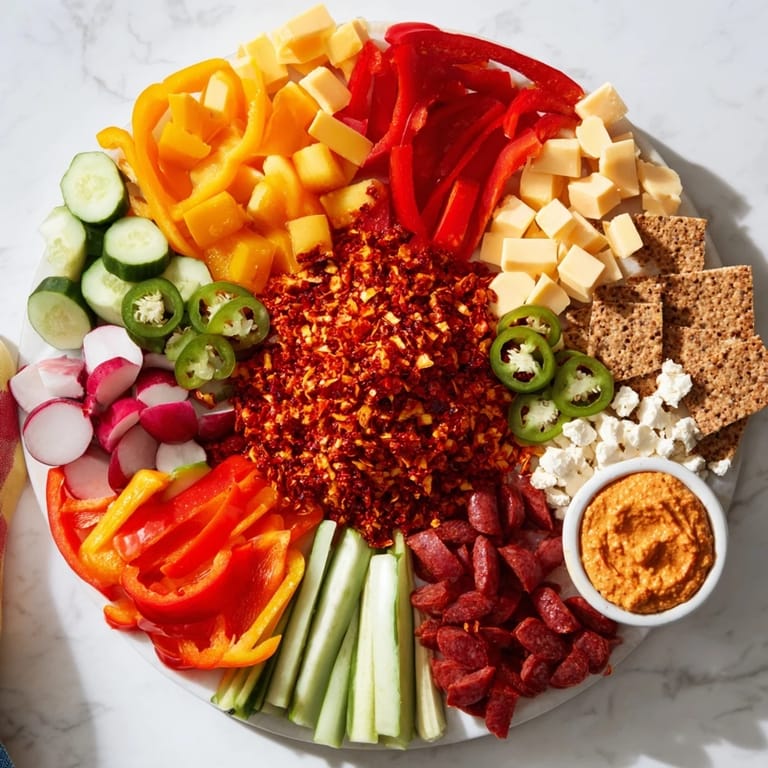 This Spicy Hot Take Platter offers a delicious array of cheeses, meats, and crunchy sides for a flavorful spread.