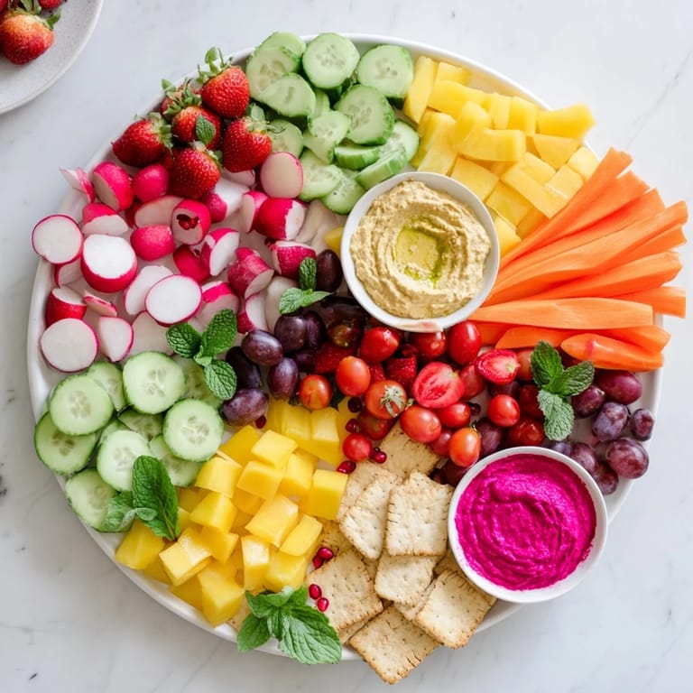 A delightful Vegan Global Gardener Platter arranged with fresh, colorful produce, ready to dip and enjoy with friends.