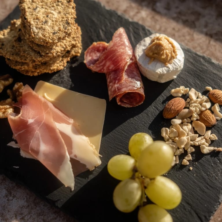 Visualize a lovely Charcuterie Board for One: a mini appetizer with cheese, meats, and tasty accompaniments.
