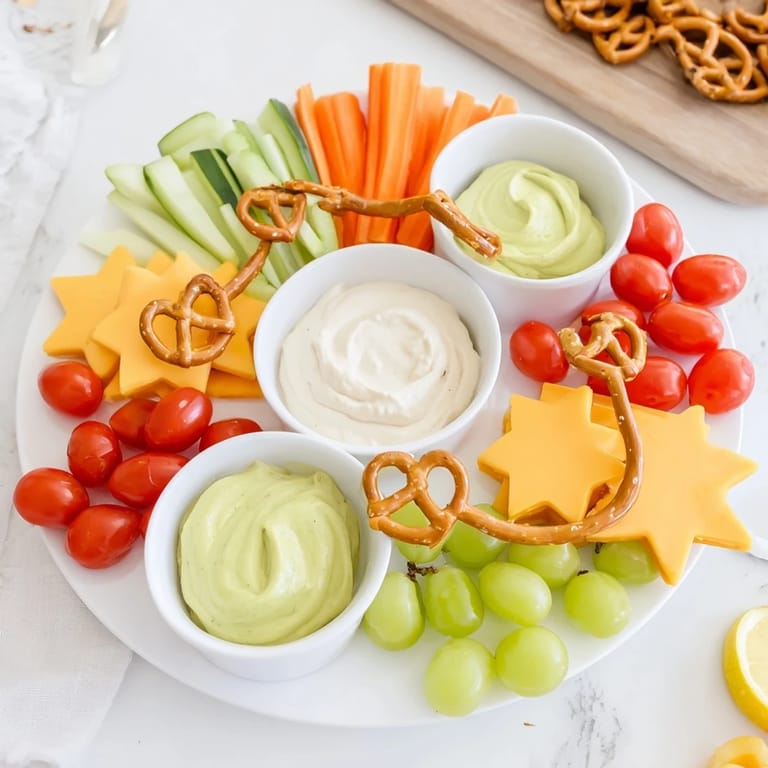 This fun Kids Snack Adventure Map platter features pretzel trails, colorful veggies, and fun cheese cutouts for kids.