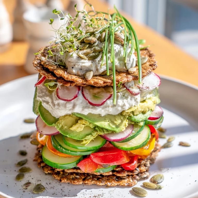 Imagine a beautifully assembled gluten-free gourmet tower with layers of hummus and microgreens for guests.