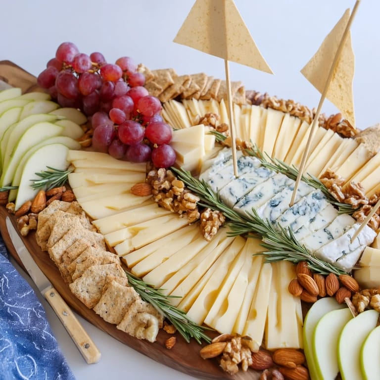 This Sailboat Cheese Platter features a stunning arrangement of cheese, crackers, and colorful fruits, perfect for sharing.