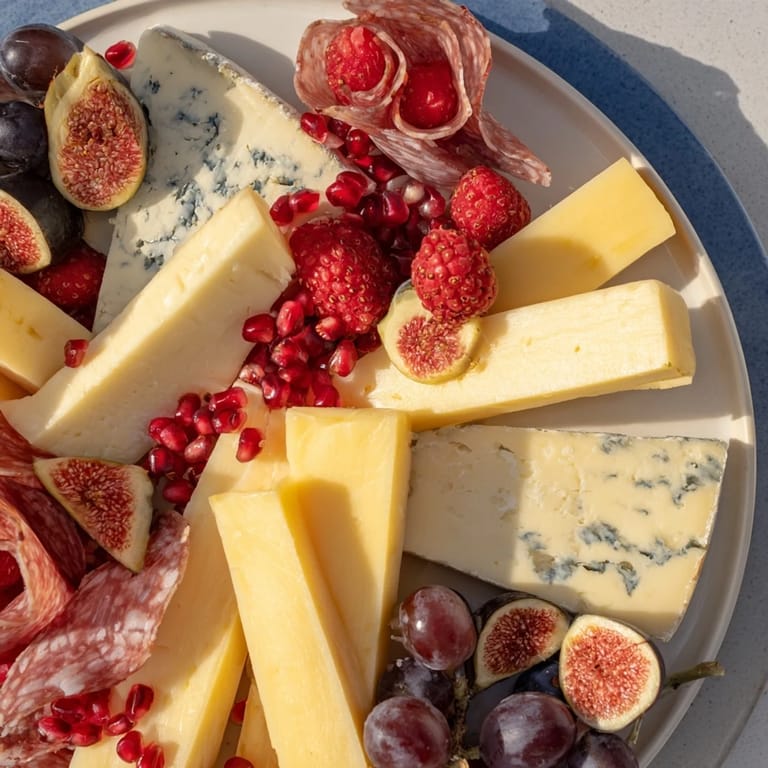 Delectable "Final Curtain" appetizer board with cascading cheeses, grapes, and figs, ready to be enjoyed.