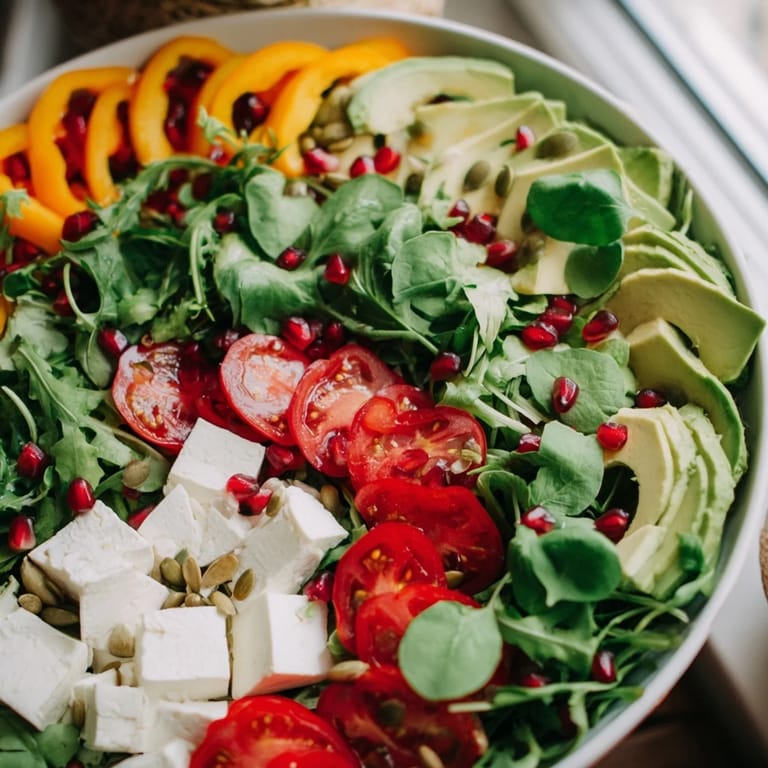 Close-up of the Golden Ratio Salad, a beautiful vegetarian meal with colorful vegetables and a zesty dressing.