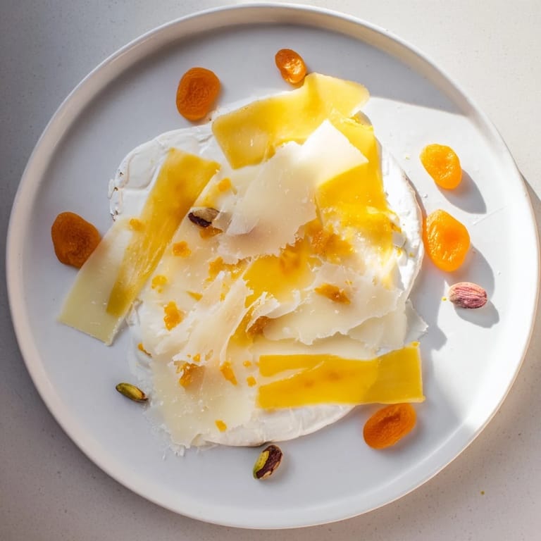Elegant Saffron Silk cheese board arrangement showcasing vibrant cheeses, apricots, and pistachios for serving.
